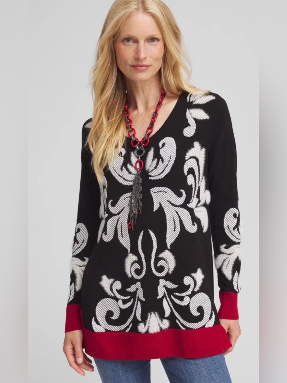 Chico's Black and White Scroll-Print V-Neck Sweater with Red Trim